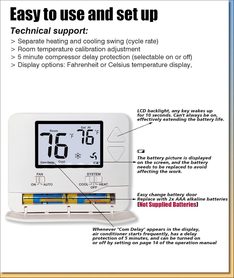 Heagstat Non Programmable Thermostat, Single-Stage 1 Heat 1 Cool, Simple Digital Thermostats for Home - Image 4